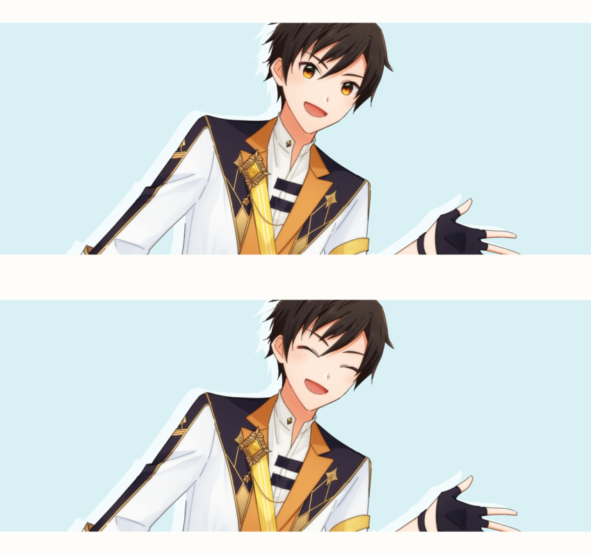 1boy, akashi_tatsuma, black_gloves, border, brown_eyes, brown_hair, closed_eyes, fingerless_gloves