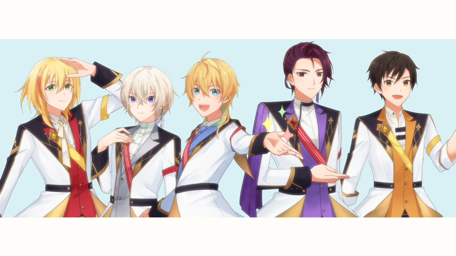 5boys, akashi_tatsuma, androgynous, aqua_hair, blonde_hair, blue_eyes, border, brown_eyes