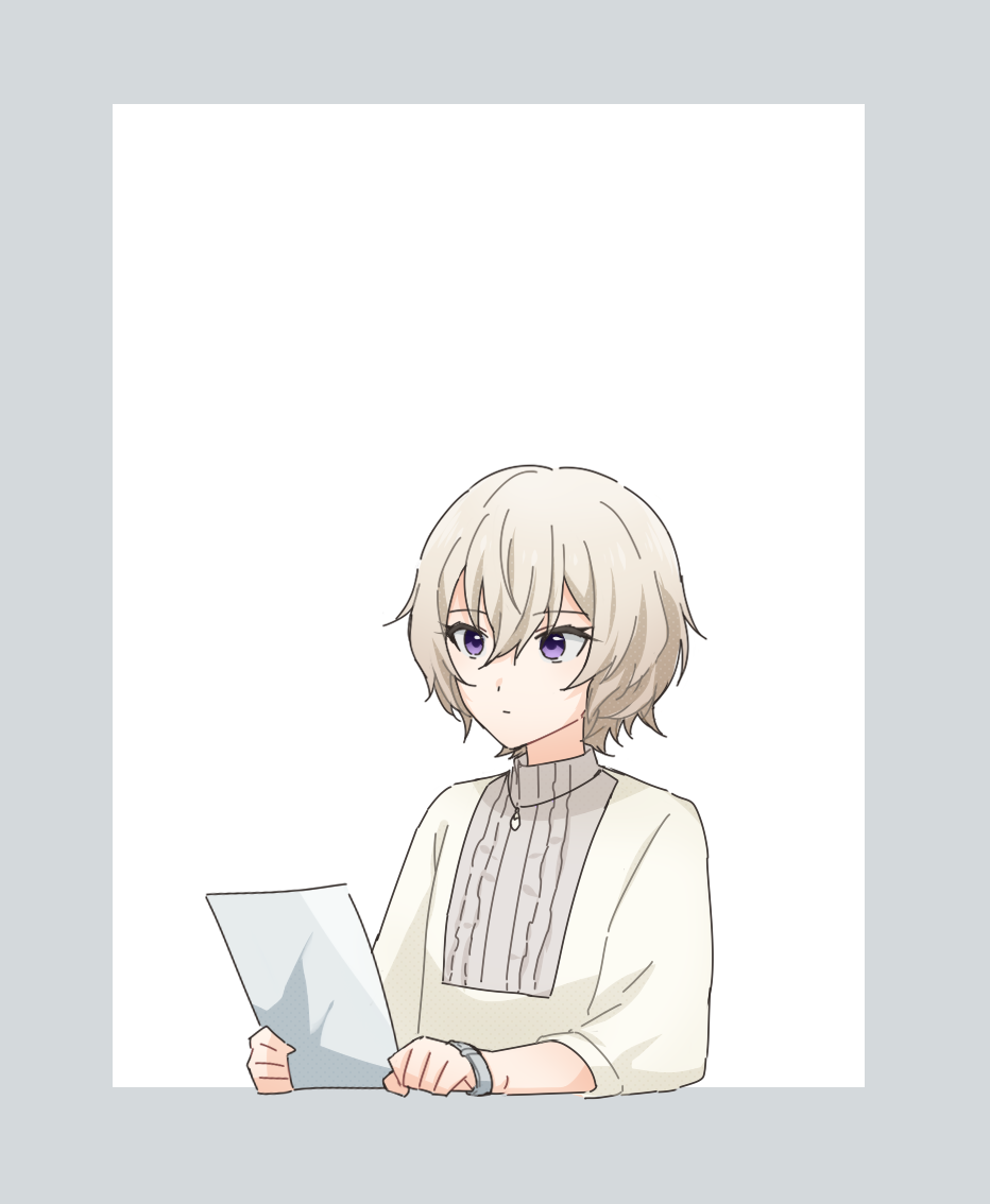 1boy, androgynous, border, closed_mouth, expressionless, grey_border, grey_hair, holding