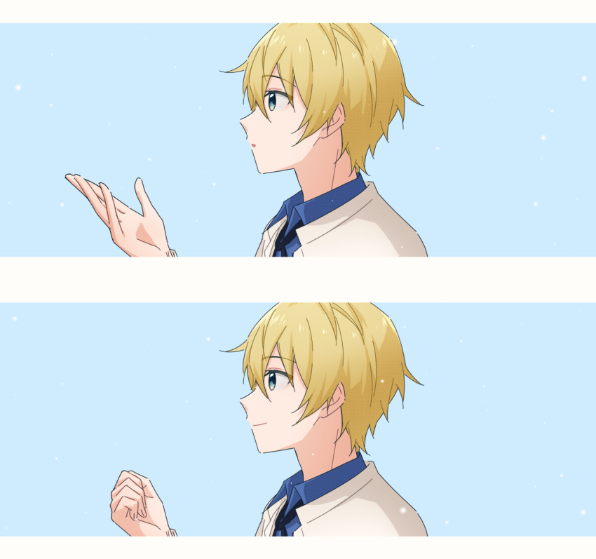 1boy, blonde_hair, blue_eyes, blue_hair, blue_shirt, border, closed_mouth, coat