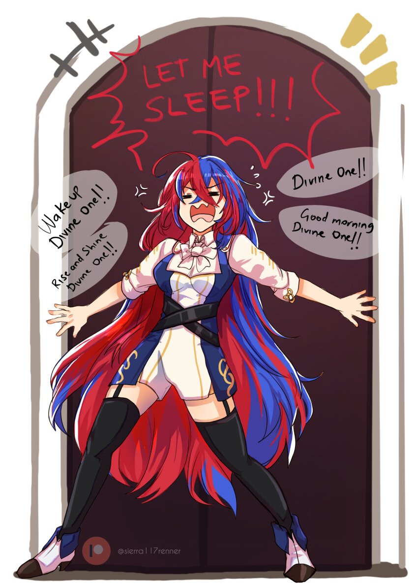 1girl, absurdres, female_alear_(fire_emblem), blue_hair, breasts, closed_eyes, crossed_bangs, door