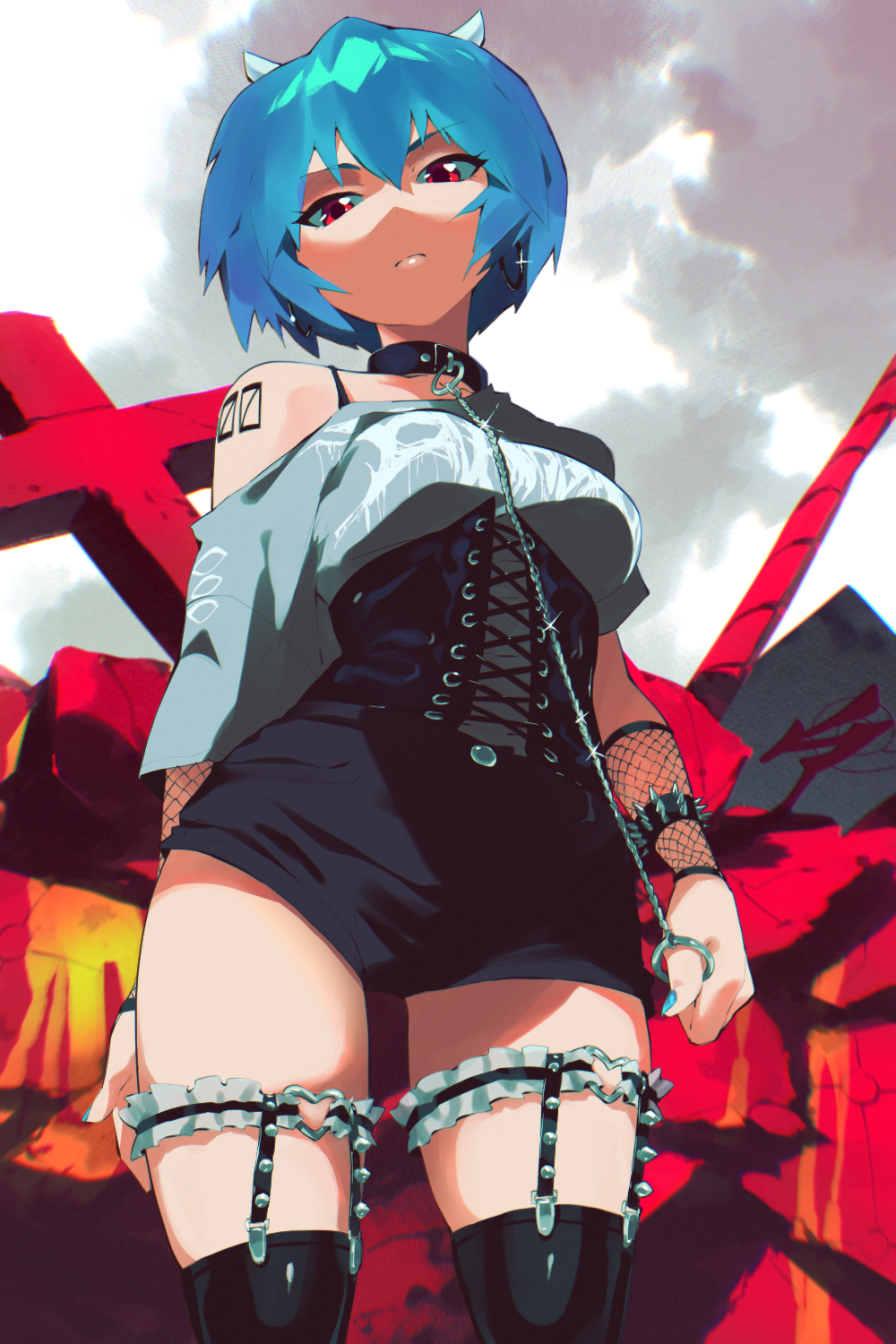 1girl, aetherion, arm_at_side, arm_behind_back, ayanami_rei, black_collar, black_corset, black_shorts