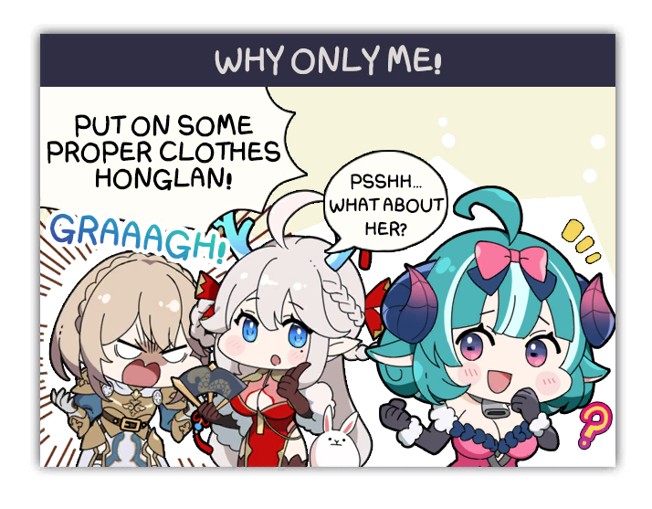 1koma, 3girls, ?, ahoge, angry, animal_ears, armor, bare_shoulders