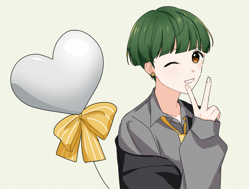 1boy, ayasaki_komugi, balloon, black_hoodie, blunt_bangs, collared_shirt, earrings, green_hair