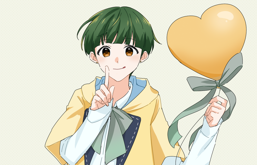 1boy, ayasaki_komugi, balloon, blunt_bangs, collared_shirt, earrings, finger_to_mouth, green_hair