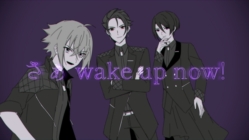 3boys, ahoge, coat, earrings, grey_eyes, jewelry, kousaka_ango, long_sleeves