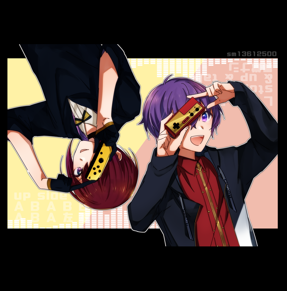 2boys, black_gloves, black_hoodie, bow, bowtie, collared_shirt, controller, famicom_controller