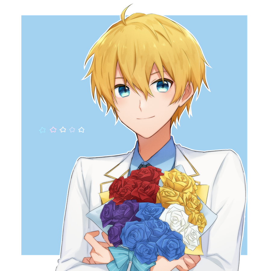 1boy, blonde_hair, blue_eyes, blue_flower, blue_rose, blue_shirt, border, bouquet
