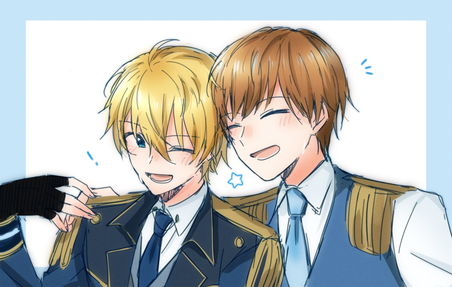!, 2boys, blazer, blonde_hair, blue_border, blue_eyes, blue_necktie, blue_vest