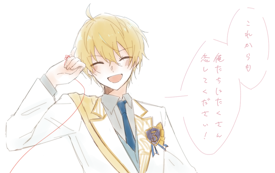 1boy, blonde_hair, blue_necktie, blue_vest, blush, closed_eyes, coat, collared_shirt, kuze_mitsuki, long_sleeves, male_focus, masaki_729, necktie, open_mouth, readyyy!, shirt, short_hair, sketch, solo, translation_request, vest, white_background, white_coat, white_shirt