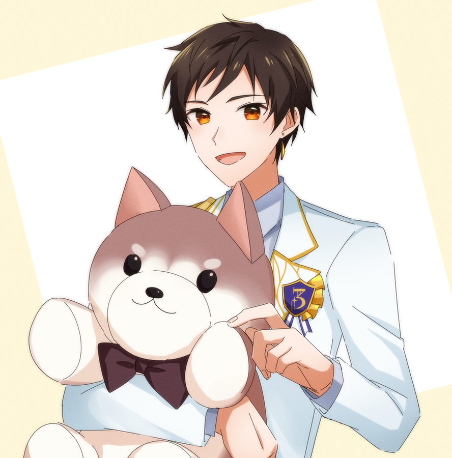 1boy, akashi_tatsuma, brown_hair, coat, collared_shirt, earrings, holding, holding_stuffed_toy