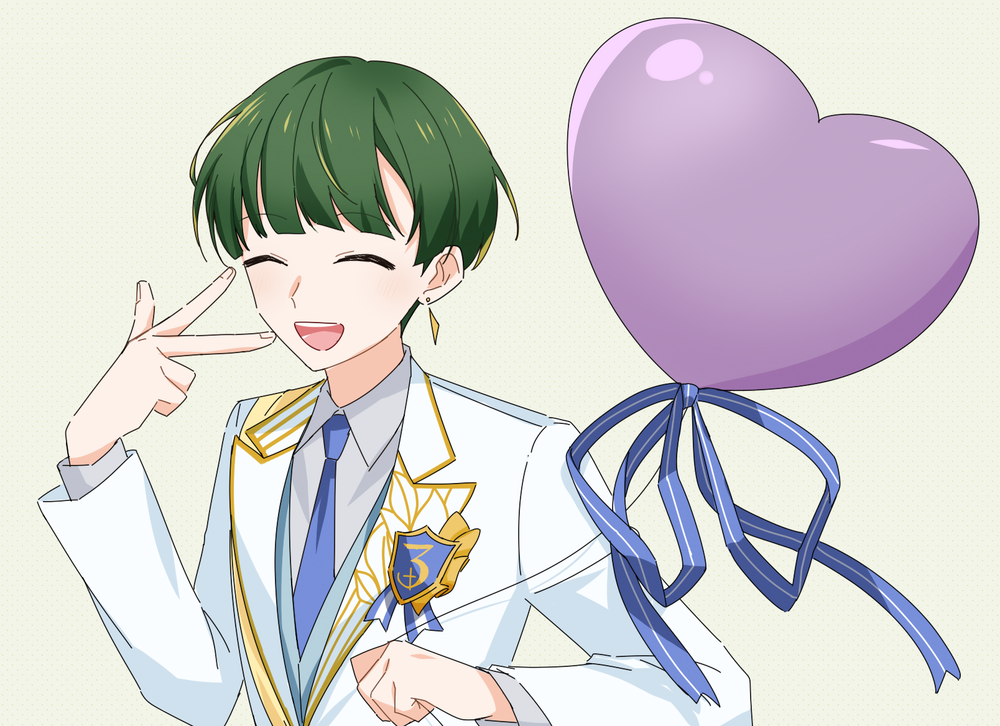 1boy, ayasaki_komugi, balloon, blue_necktie, blue_vest, blunt_bangs, closed_eyes, coat