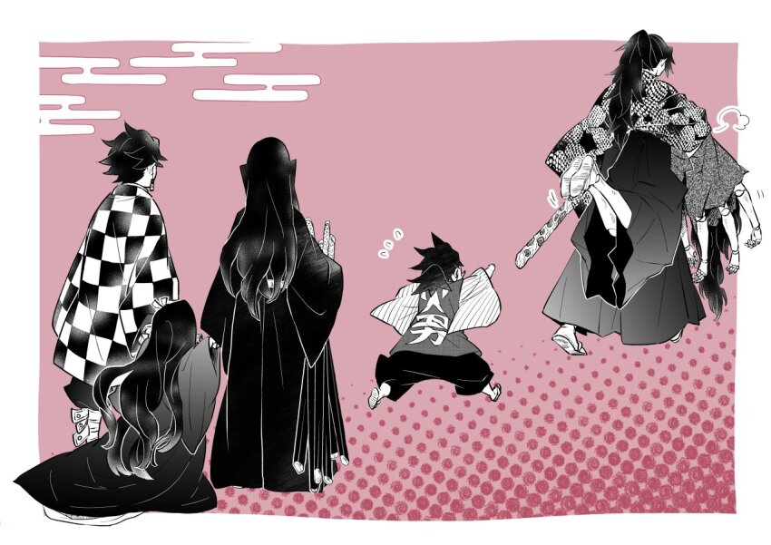 1girl, 4boys, arms_up, belt, brother_and_sister, carrying, carrying_under_arm, chasing