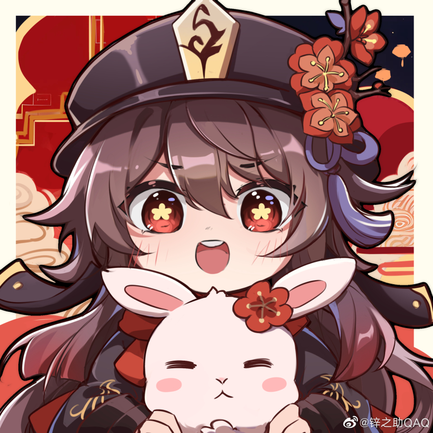 1girl, brown_hair, genshin_impact, hat, highres, hu_tao_(genshin_impact), long_hair, long_sleeves