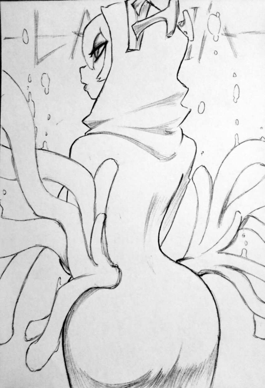 1girl, character_name, chronozbergh, cowboy_shot, crown, from_behind, greyscale, highres