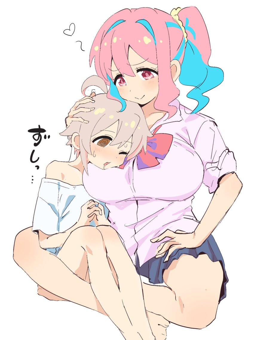 1boy, 1girl, @_@, absurdres, age_difference, aqua_hair, barefoot, blue_skirt, blush, breasts, child, closed_mouth, genderswap, genderswap_(ftm), grey_hair, hair_between_eyes, hand_on_another's_head, head_on_chest, highres, hozuki_kaede, large_breasts, long_hair, multicolored_hair, nipio, off_shoulder, one_eye_closed, onee-shota, onii-chan_wa_oshimai!, own_hands_together, oyama_mahiro, oyama_mahiro_(male), parted_lips, pink_hair, pink_shirt, ponytail, saliva, shirt, short_sleeves, shota, simple_background, sitting, sketch, skirt, sweat, white_background, white_shirt