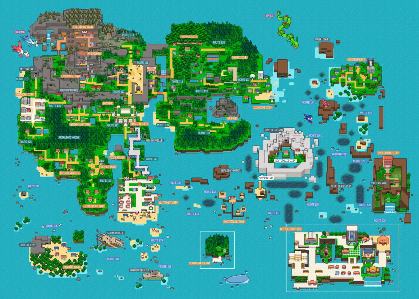 absurdres, battle_frontier_(pokemon), bridge, building, claws, cliff, commentary, desert, flying, from_above, gen_3_pokemon, grass, groudon, highres, hoenn_map, island, kyogre, latias, latios, legendary_pokemon, lighthouse, nintendo, ocean, pixel_art, pokemon, pokemon_(creature), pokemon_center, pokemon_emerald, pokemon_gym, pokemon_ruby/sapphire/emerald, rayquaza, red_eyes, sand, stairs, tree, wailord, water, waterfall, woodspixl
