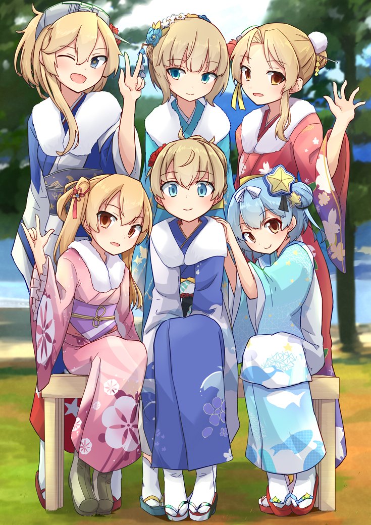 6+girls, blonde_hair, blue_hair, blue_kimono, blue_sky, brown_eyes, cloud, day