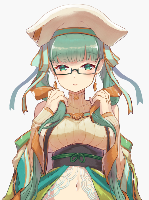 1girl, bare_shoulders, bunching_hair, earrings, elbow_sleeve, glasses, green_eyes, green_hair