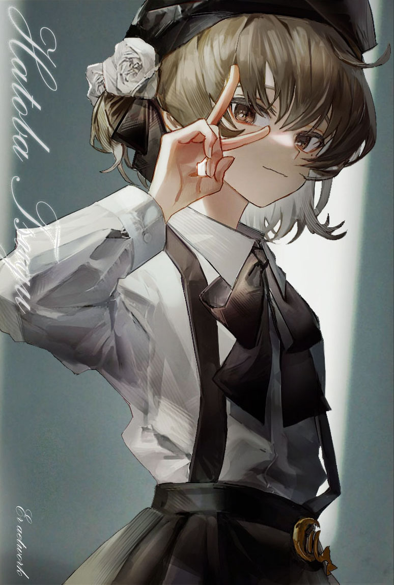 1girl, ahoge, beret, black_hat, black_ribbon, black_skirt, brown_eyes, buttoned_cuffs