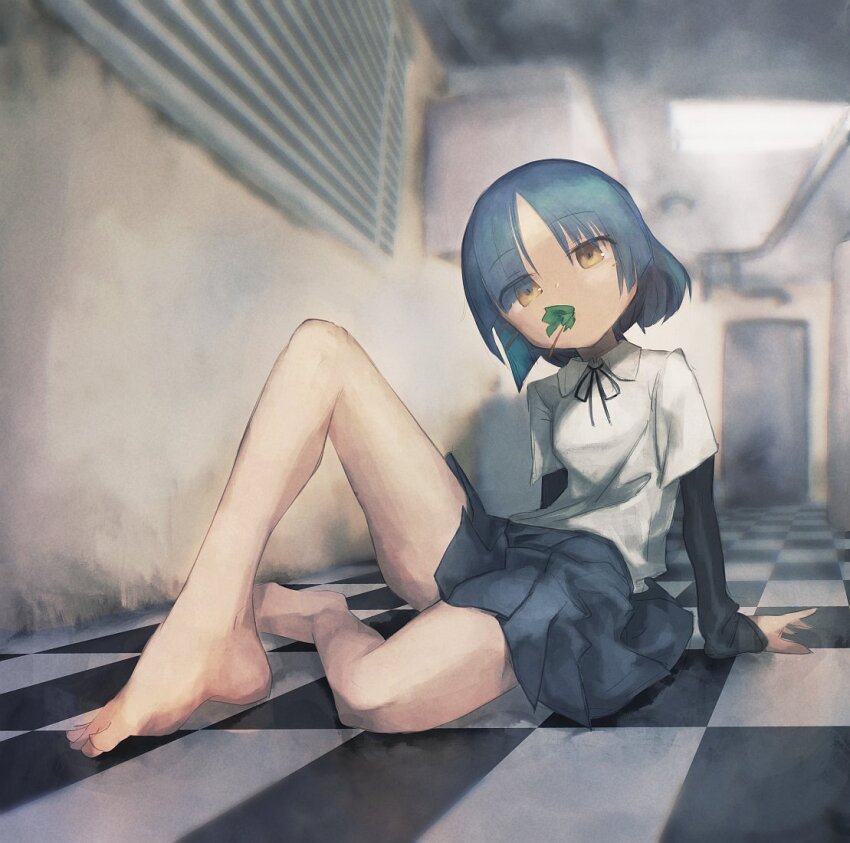 1girl, barefoot, blue_hair, blue_skirt, blurry, blurry_background, bocchi_the_rock!, door