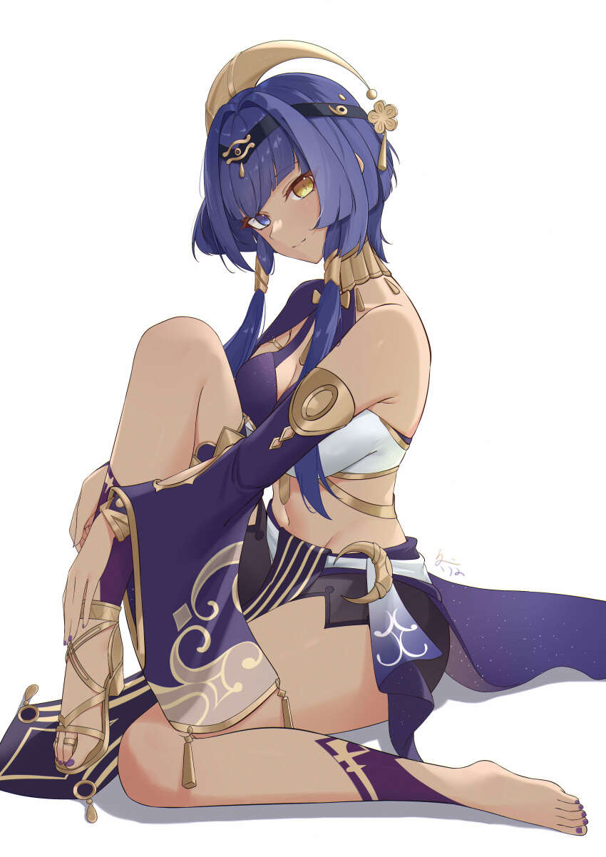 1girl, absurdres, ancient_egyptian_clothes, barefoot, black_hairband, blue_eyes, blue_hair, blue_sleeves