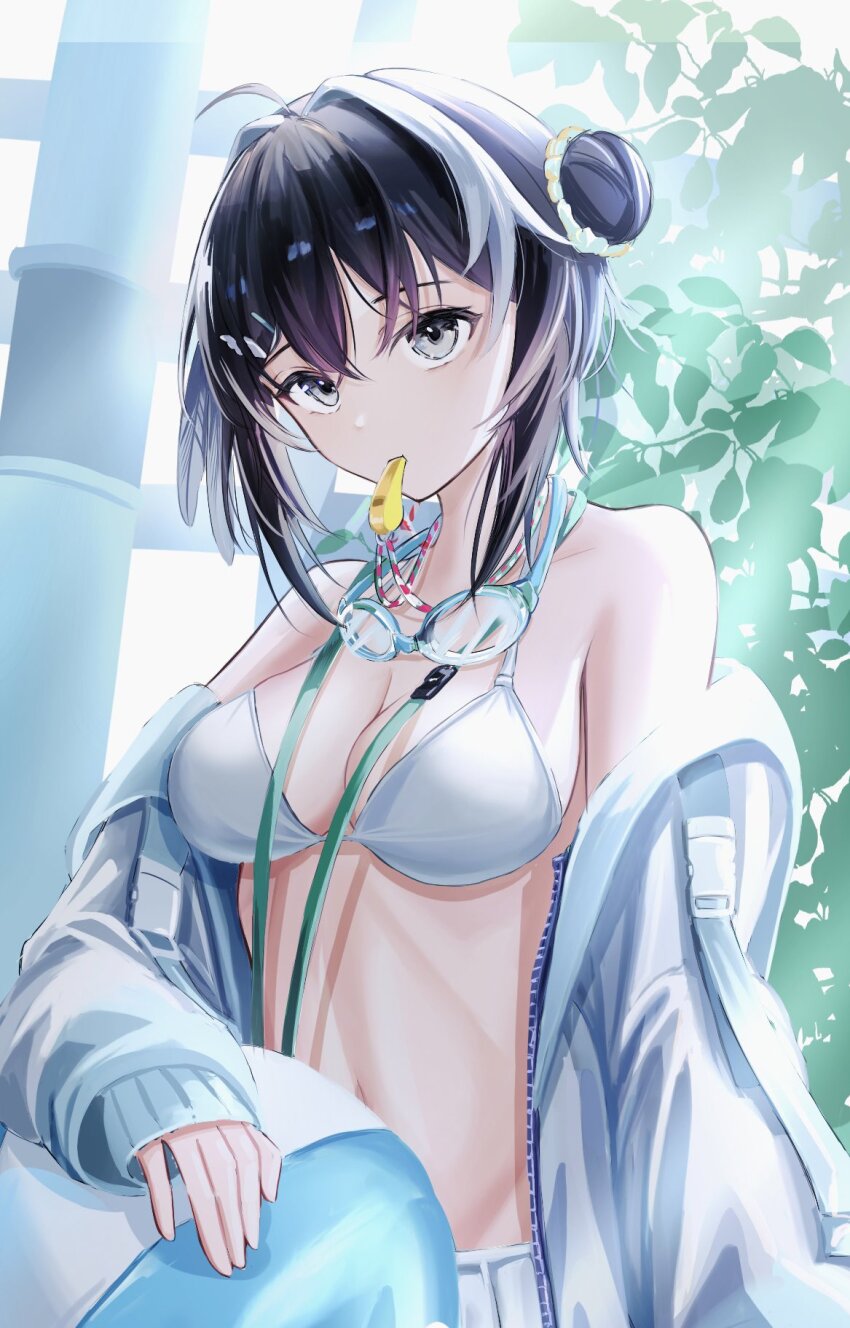 1girl, ahoge, arknights, ball, bare_shoulders, beachball, bikini, black_hair