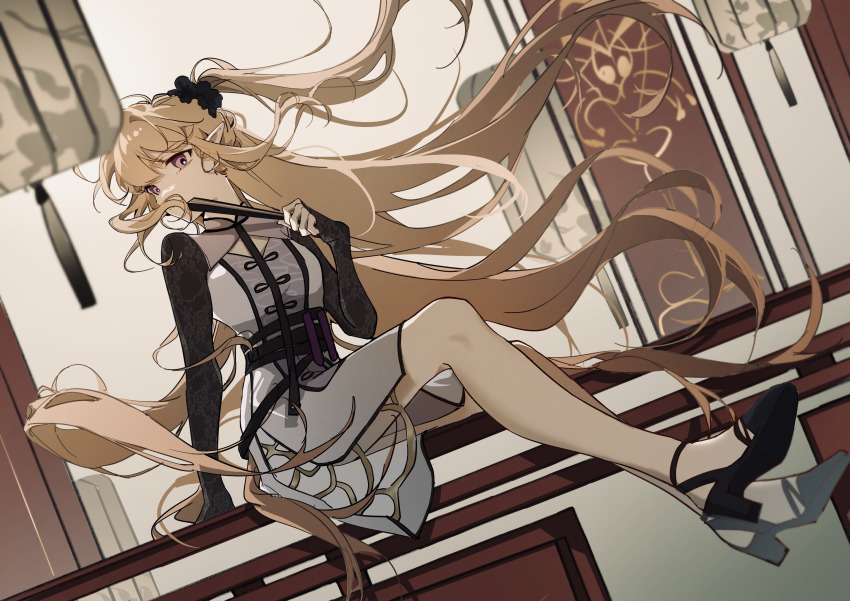 1girl, absurdres, arknights, arm_support, black_footwear, black_gloves, black_scrunchie, blonde_hair