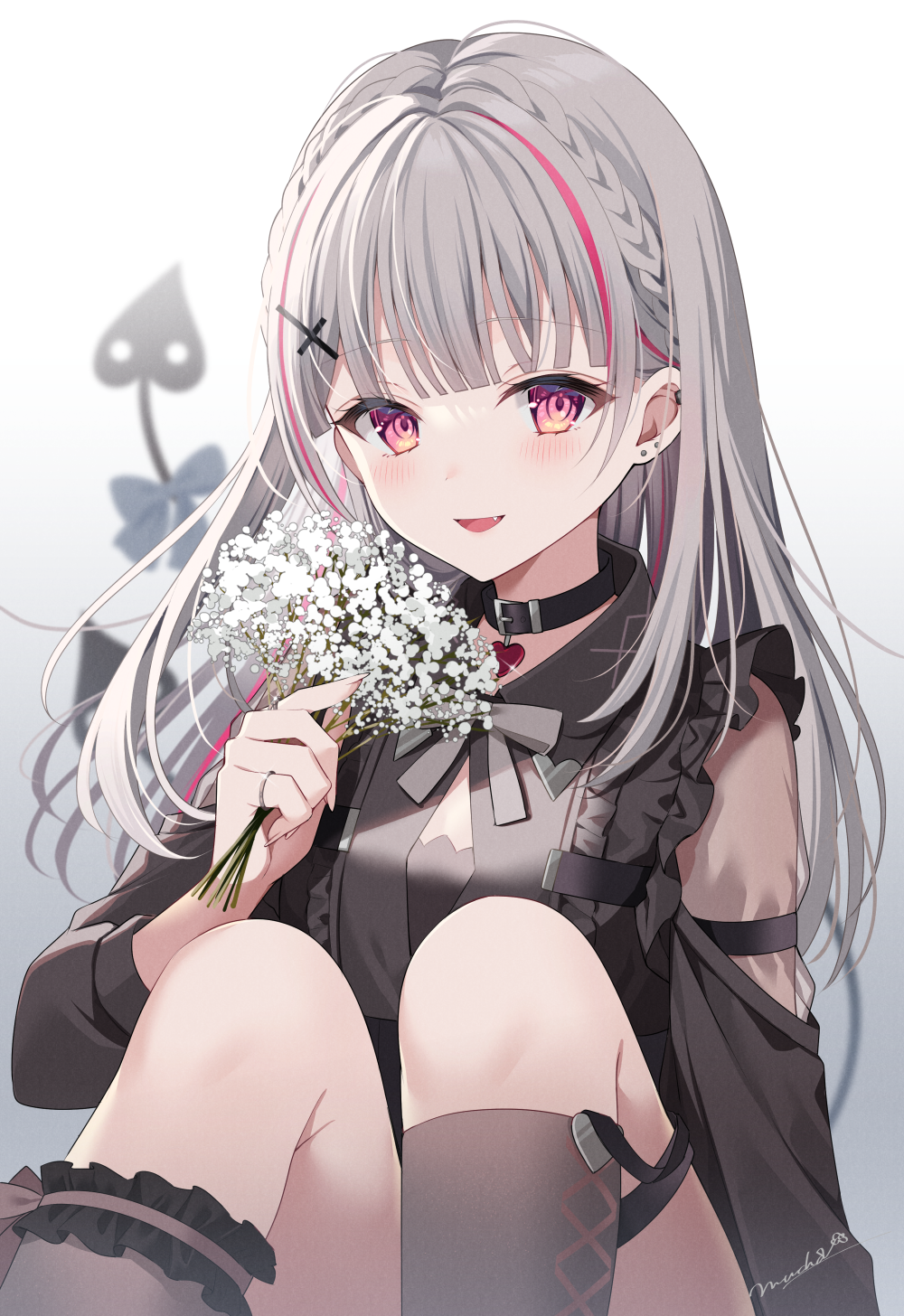 1girl, arm_strap, asumi_sena, asumi_sena_(3rd_costume), bare_shoulders, black_choker, black_shirt, braid