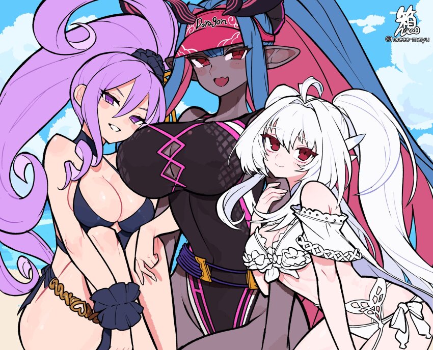3girls, ahoge, bare_shoulders, beach, belt, bikini, black_one-piece_swimsuit, blue_hair, blue_sky, blush, body_markings, breasts, cleavage, collarbone, colored_skin, covered_navel, dark-skinned_female, dark_skin, fate/grand_order, fate_(series), frilled_bikini, frills, grey_skin, grin, hacco_mayu, hair_between_eyes, hair_ornament, hair_scrunchie, highleg, highleg_swimsuit, highres, horns, ibuki_douji_(fate), ibuki_douji_(swimsuit_berserker)_(fate), ibuki_douji_(swimsuit_berserker)_(first_ascension)_(fate), jewelry, knees_up, lady_avalon_(fate), lady_avalon_(second_ascension)_(fate), large_breasts, long_hair, looking_at_viewer, medium_breasts, merlin_(fate/prototype), merlin_(swimsuit_pretender)_(second_ascension)_(fate/prototype), multicolored_hair, multiple_girls, one-piece_swimsuit, oni, oni_horns, open_mouth, pink_hair, pink_headwear, pink_one-piece_swimsuit, pointy_ears, ponytail, purple_eyes, purple_hair, red_eyes, scrunchie, side_ponytail, sidelocks, sky, smile, swimsuit, tail, thighlet, thighs, two-tone_swimsuit, very_long_hair, visor_cap, white_bikini, white_hair, wrist_scrunchie, wu_zetian_(fate), wu_zetian_(swimsuit_caster)_(fate), wu_zetian_(swimsuit_caster)_(first_ascension)_(fate)