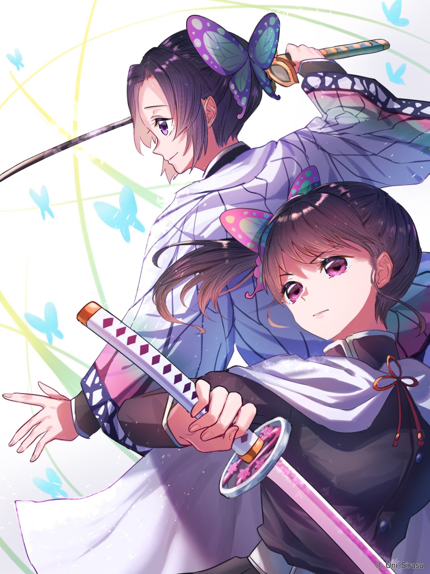 2girls, animal_print, belt, black_belt, black_hair, black_jacket, bug, butterfly