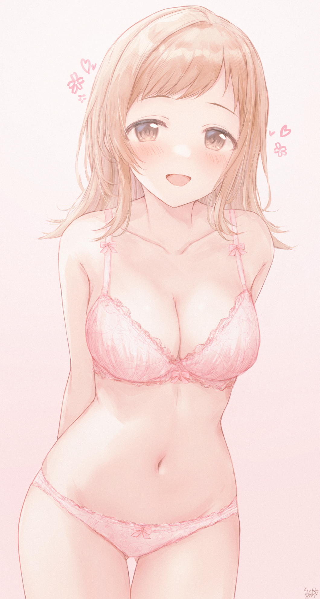 1girl, arms_behind_back, blush, bra, breasts, cleavage, collarbone, cow
