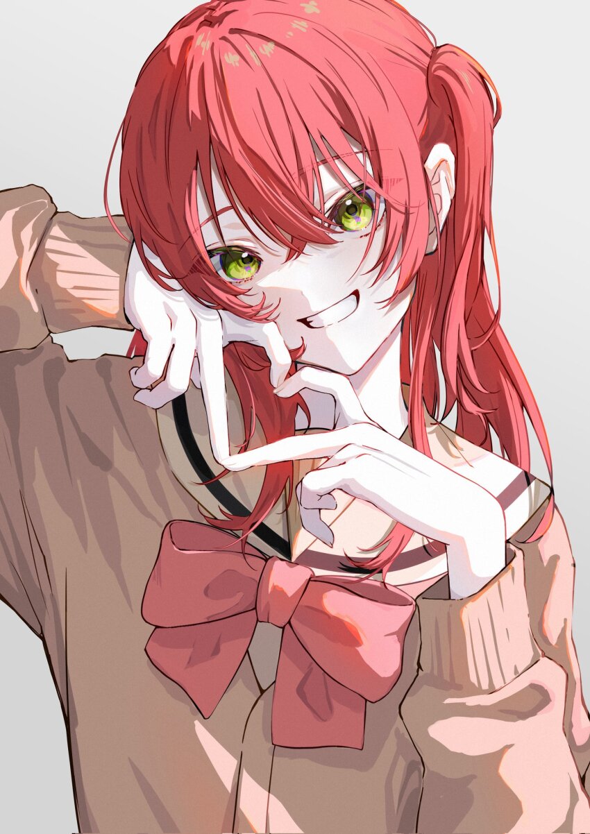 1girl, four-finger_heart_hands, bocchi_the_rock!, bow, bowtie, brown_cardigan, cardigan, grin, hair_between_eyes, heart, heart_hands, highres, kita_ikuyo, looking_at_viewer, mirai99, one_side_up, red_eyes, school_uniform, simple_background, smile, solo, upper_body