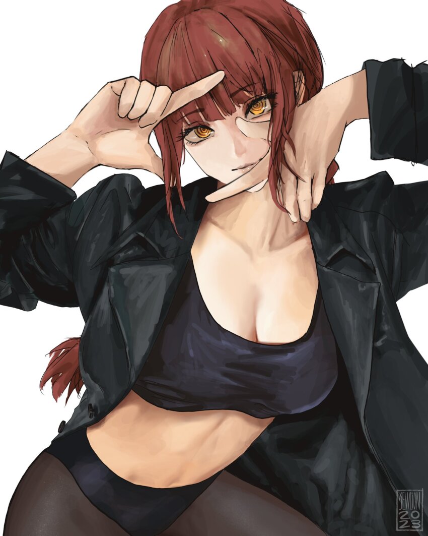 1girl, black_jacket, braid, braided_ponytail, breasts, chainsaw_man, cleavage, crop_top