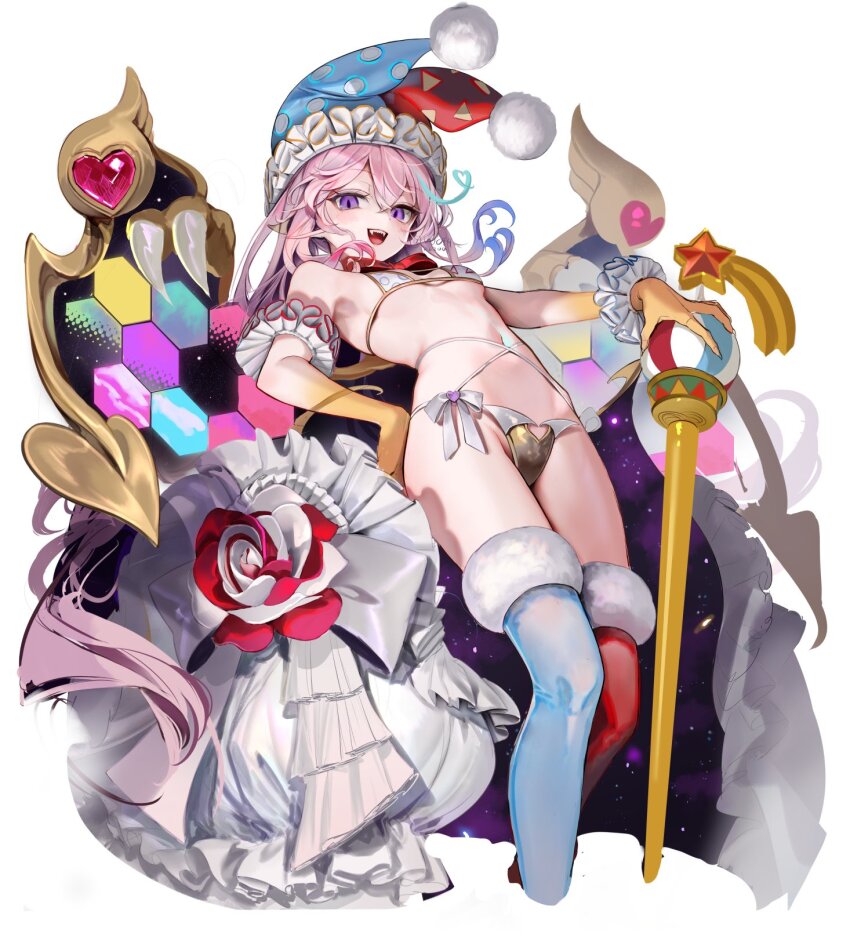 1girl, arm_cuffs, asymmetrical_legwear, bikini, bow, breasts, cane, cape, clothing_cutout, commentary_request, cropped_legs, fangs, flower, frills, fur_trim, gem, geometric_pattern, groin, hair_between_eyes, hand_on_own_hip, hat, heart, heart_cutout, highres, hip_bones, jester_cap, kirby_(series), long_hair, looking_at_viewer, marx_(kirby), marx_(true_form)_(kirby), mi_(mm), mismatched_legwear, multicolored_hair, navel, nintendo, open_mouth, personification, pink_hair, purple_eyes, red_gem, slit_pupils, small_breasts, solo, space_print, star_(sky), star_(symbol), starry_sky_print, swimsuit, thighhighs, very_long_hair, white_background