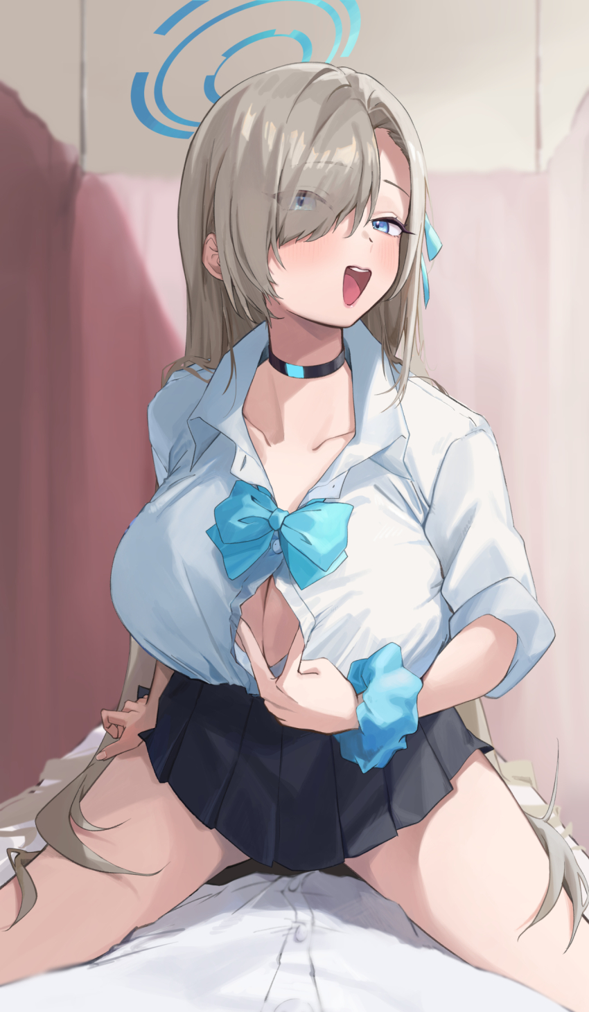 1girl, asuna_(blue_archive), black_skirt, blue_archive, blue_eyes, blue_ribbon, blush, breasts, choker, cleavage, collared_shirt, hair_over_one_eye, hair_ribbon, halo, highres, large_breasts, light_brown_hair, long_hair, looking_at_viewer, open_mouth, paizuri_invitation, pleated_skirt, ribbon, school_uniform, shirt, short_sleeves, sitting, skirt, smile, solo, very_long_hair, wariza, white_shirt, yamabuki0