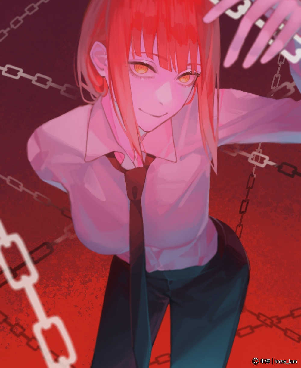 1girl, black_necktie, black_pants, braid, braided_ponytail, chain, chainsaw_man, collared_shirt, cowboy_shot, head_tilt, highres, hnzw_kun, leaning_forward, looking_at_viewer, makima_(chainsaw_man), medium_hair, necktie, pants, red_background, red_theme, ringed_eyes, shirt, shirt_tucked_in, sidelocks, smile, solo, white_shirt, yellow_eyes