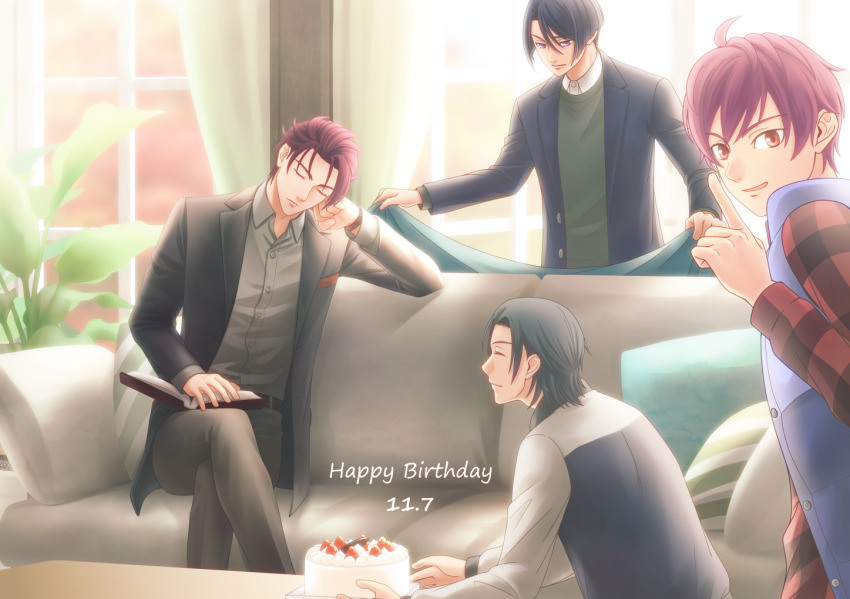 4boys, belt, black_belt, black_hair, black_jacket, book, brown_pants, cake