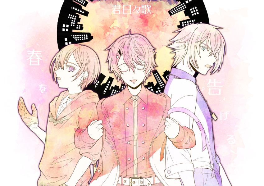 3boys, closed_eyes, collared_shirt, facing_to_the_side, facing_viewer, gloves, hair_ornament, hairclip