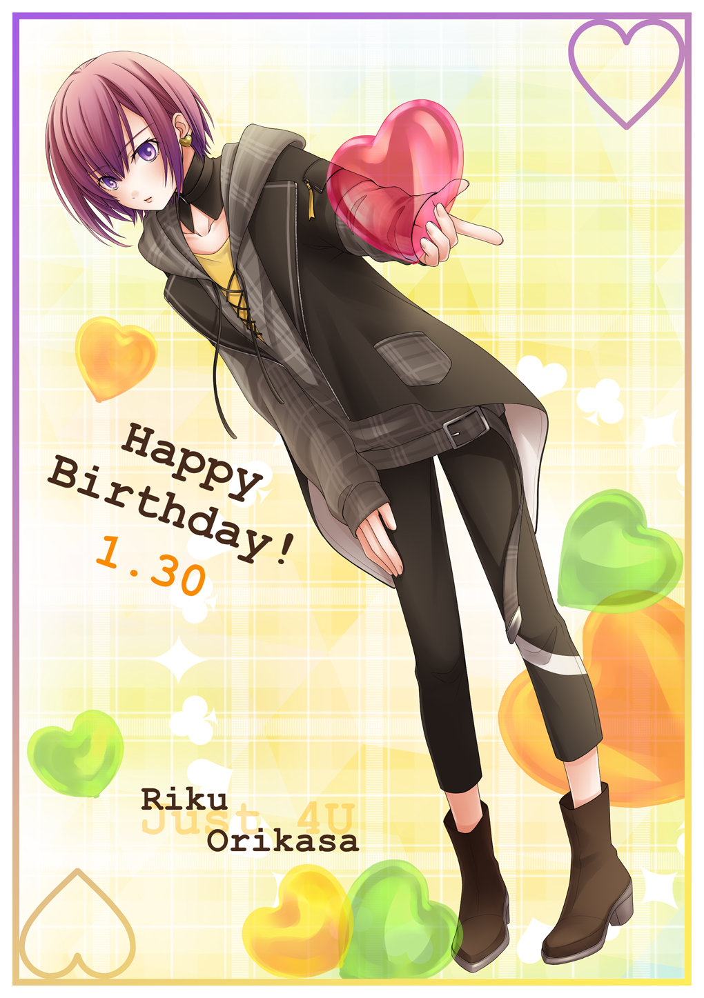 1boy, black_jacket, black_pants, boots, brown_boots, character_name, dated, earrings