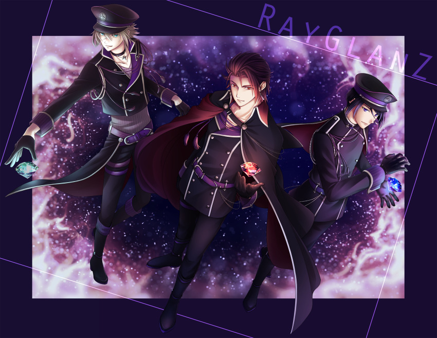 3boys, aqua_eyes, belt, black_choker, black_eyes, black_gloves, black_hair, black_jacket
