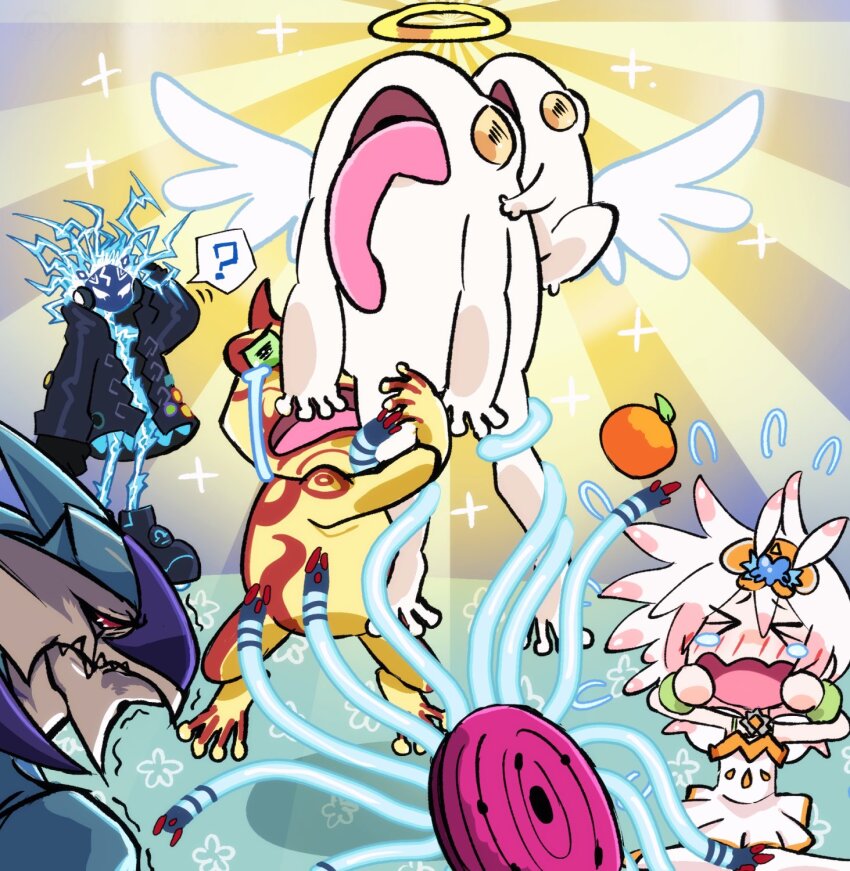 1girl, 2boys, ?, angel_wings, ascending, bahamut_shark, chibi, crying