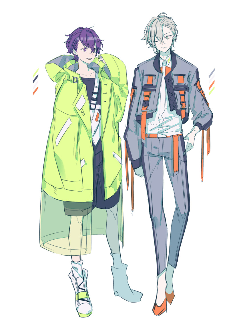 aqua_eyes, belt, black_jacket, black_shorts, brown_belt, full_body, green_jacket, grey_hair