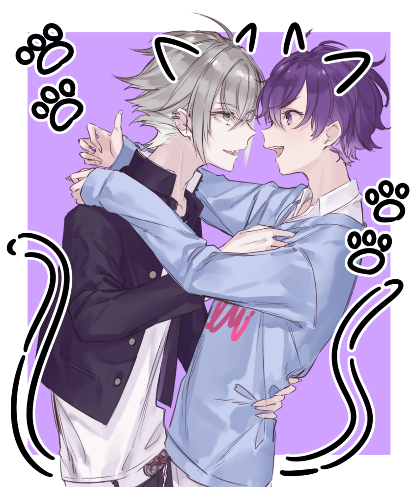 2boys, aqua_eyes, black_jacket, blue_sweater, border, collared_shirt, grey_hair, highres, hug, jacket, long_sleeves, looking_at_another, male_focus, multiple_boys, open_mouth, purple_background, purple_eyes, purple_hair, readyyy!, shirt, short_hair, smile, sweater, takachiho_aki, usui_chihiro, white_border, white_shirt, yaoi, yoggi_(stretchmen)