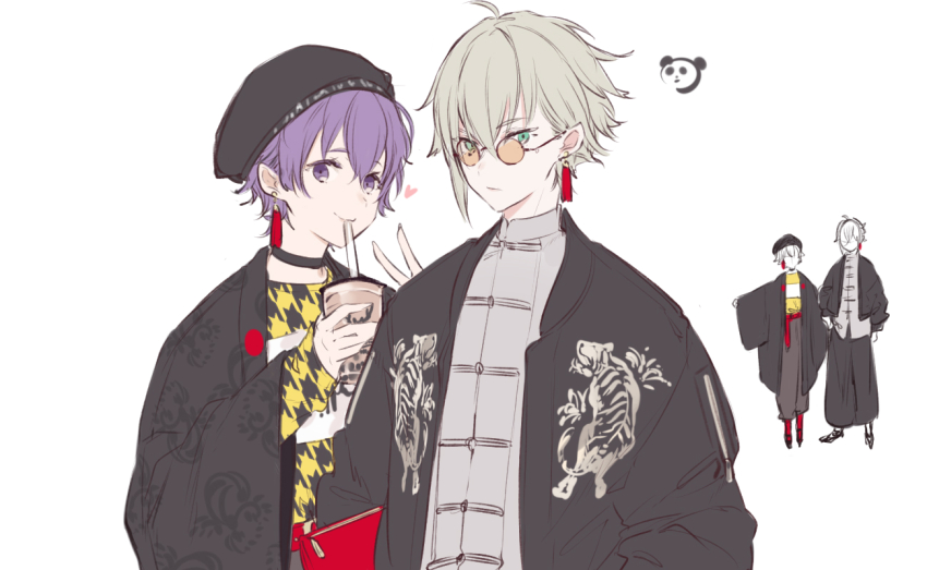 2boys, alternate_costume, aqua_eyes, bubble_tea, clothing_request, grey_hair, hat, long_sleeves