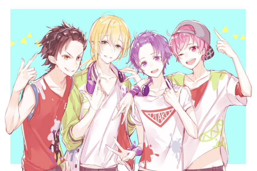 4boys, backwards_hat, baseball_cap, blonde_hair, blue_background, border, brown_eyes, brown_hair