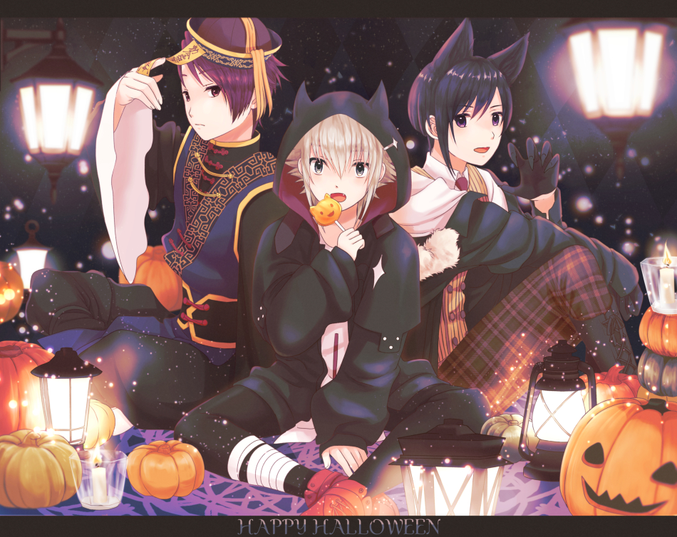 3boys, animal_ears, black_hair, blonde_hair, grey_eyes, hachi8suka, halloween, halloween_costume