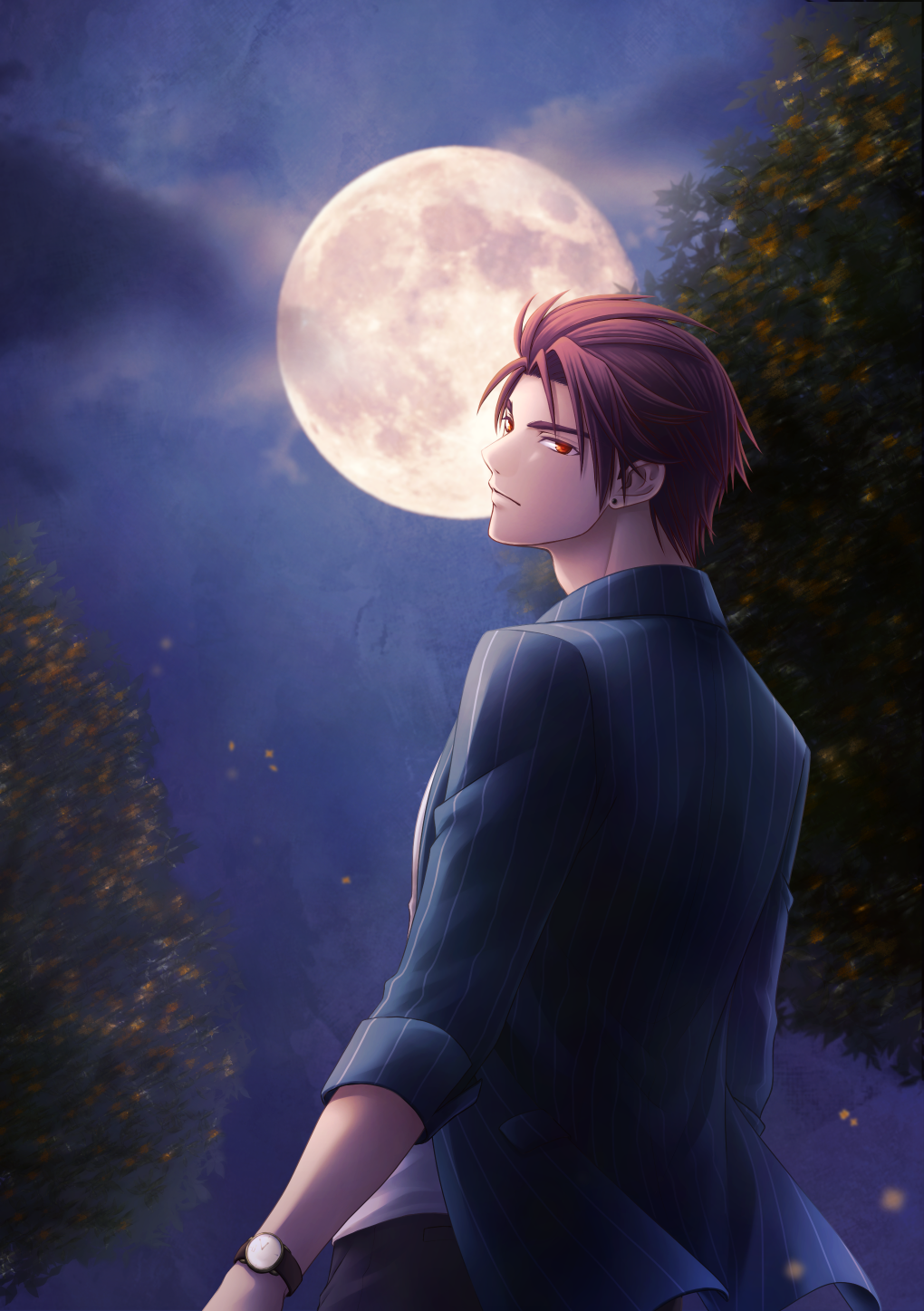 1boy, blue_coat, coat, earrings, full_moon, highres, jewelry, looking_at_viewer
