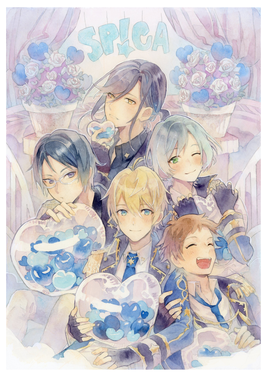 5boys, blonde_hair, blue_eyes, blue_hair, closed_eyes, glasses, green_eyes, group_name