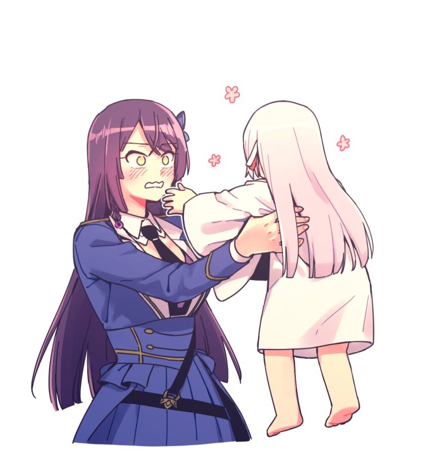 2girls, aged_down, assault_lily, barefoot, belt, black_belt, black_necktie, blue_jacket, blue_skirt, blunt_ends, blush, braid, butterfly_hair_ornament, byugwaeng_deokjilgye, child, collared_shirt, commentary_request, covered_face, cropped_legs, crossed_bangs, dress, epaulettes, fingerless_gloves, flower_symbol, funada_kiito, funada_ui, gloves, grey_hair, hair_ornament, hair_ribbon, hands_up, highres, jacket, korean_commentary, lifting_person, long_hair, long_sleeves, looking_at_another, multiple_girls, necktie, no_pupils, outstretched_arms, parted_lips, pleated_skirt, purple_hair, ribbon, shirt, siblings, side_braid, simple_background, single_braid, sisters, skirt, standing, time_paradox, very_long_hair, wavy_mouth, white_background, white_dress, white_ribbon, white_shirt, wide-eyed, wide_sleeves, yellow_eyes